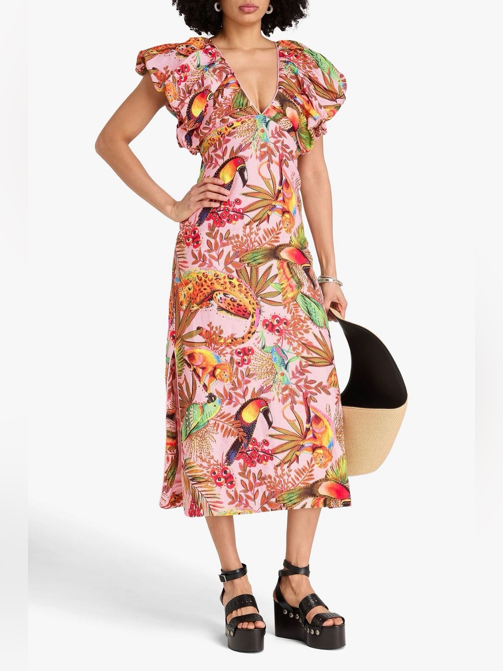 Farm Rio: INTO THE JUNGLE PINK SLEEVELESS MIDI DRESS - Picture 1 of 14
